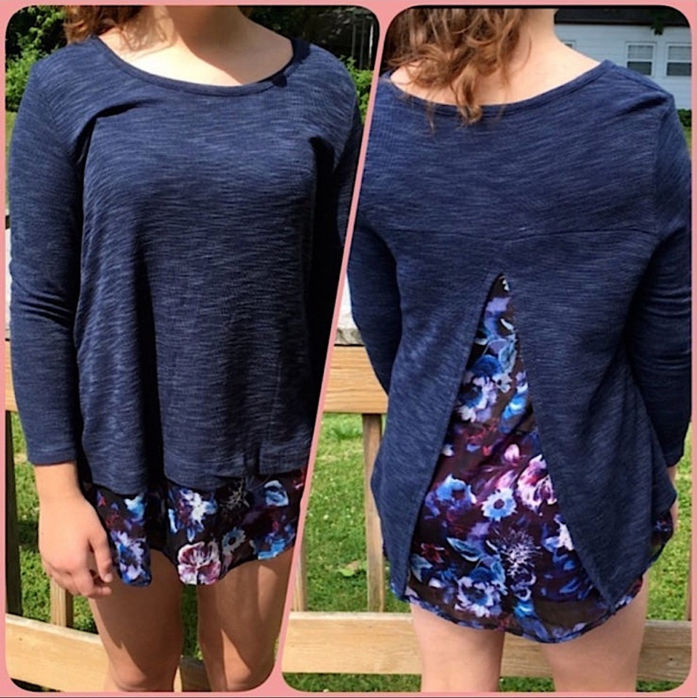 Dress Barn M Navy Floral Chiffon Underlay Open Back Sweater! NEW!